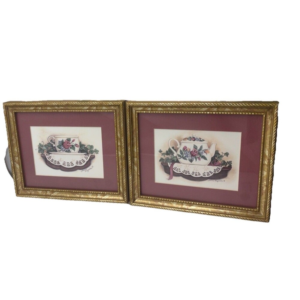 Laurie Korsgaden Floral Teacup Teapot Framed Prints Set Gold Decor
